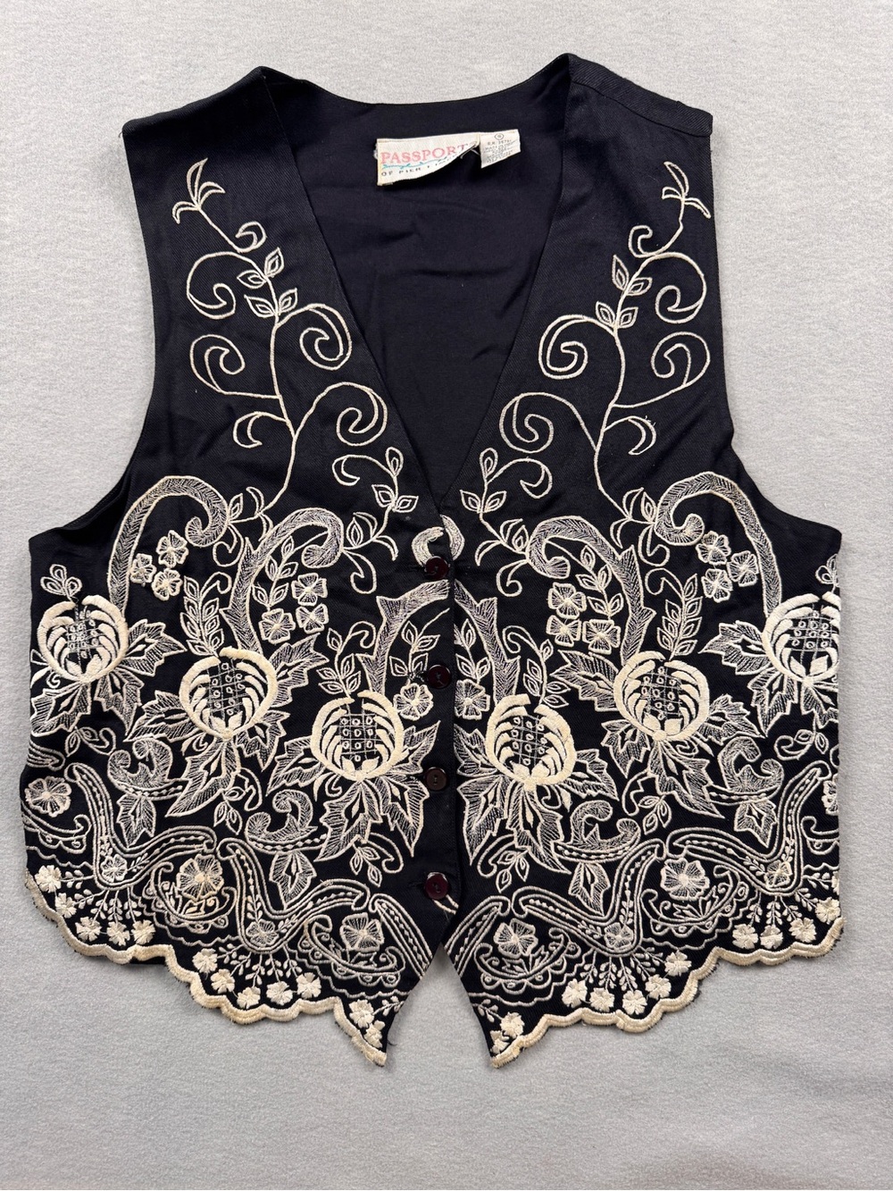 VTG Passports Of Pier 1 Vest Womens Small Black Cream Embroidered Lace 90s 80s